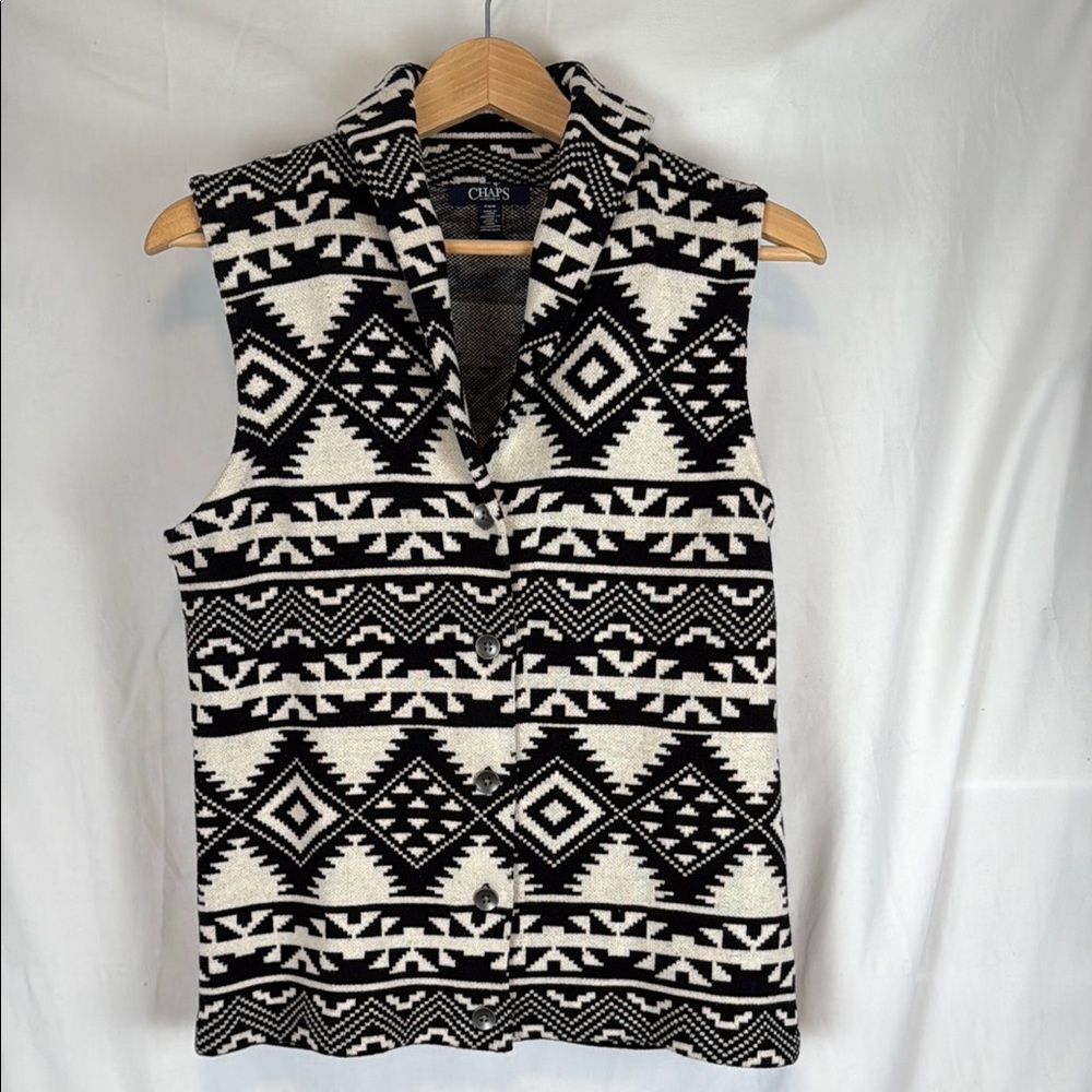 Women's Chaps Black and White Southwest Geometric Print Vest Size Petite Medium